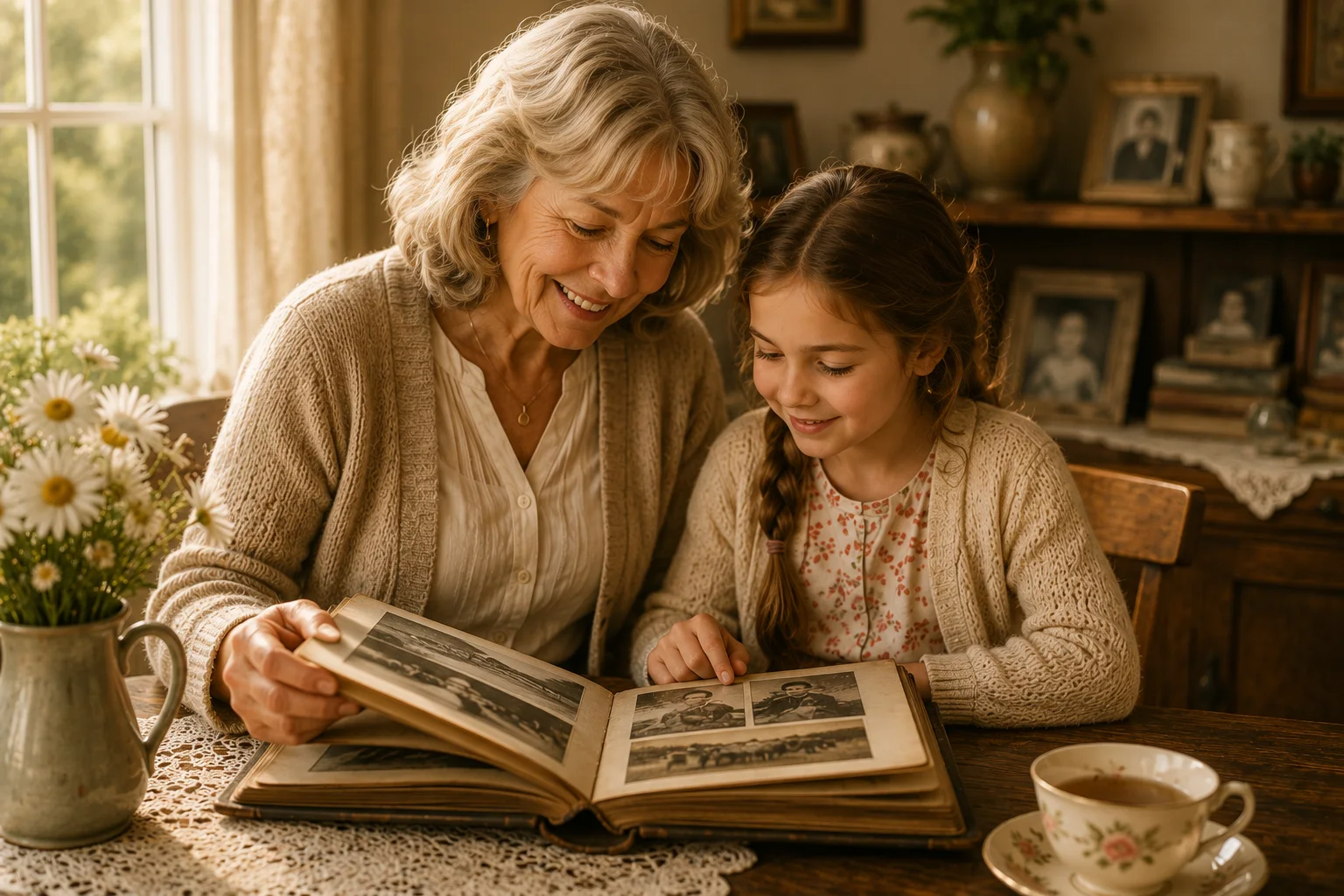 A grandmother and granddaughter sharing a family photo album in warm window light