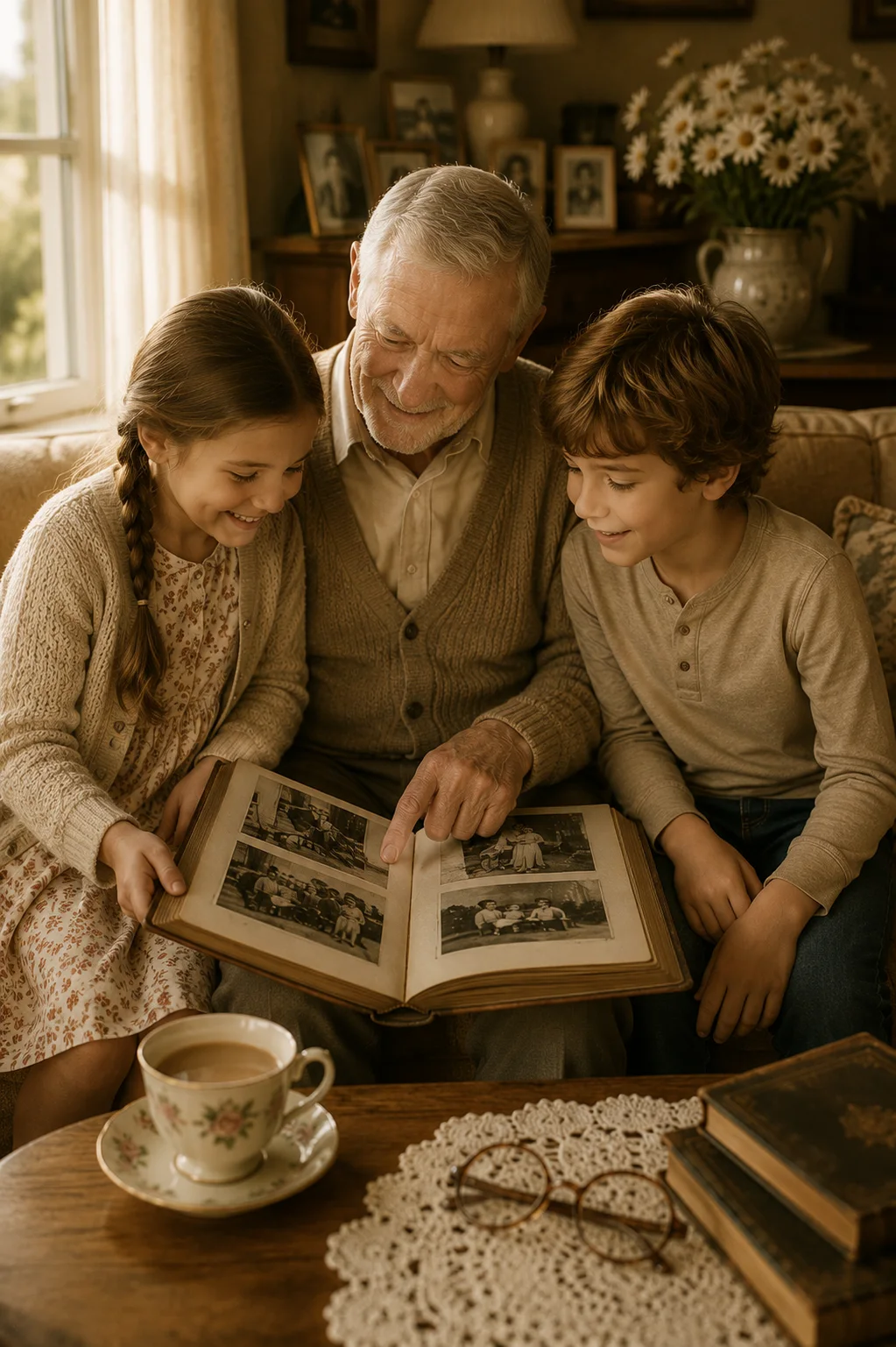 A grandfather sharing an old family album with two grandchildren