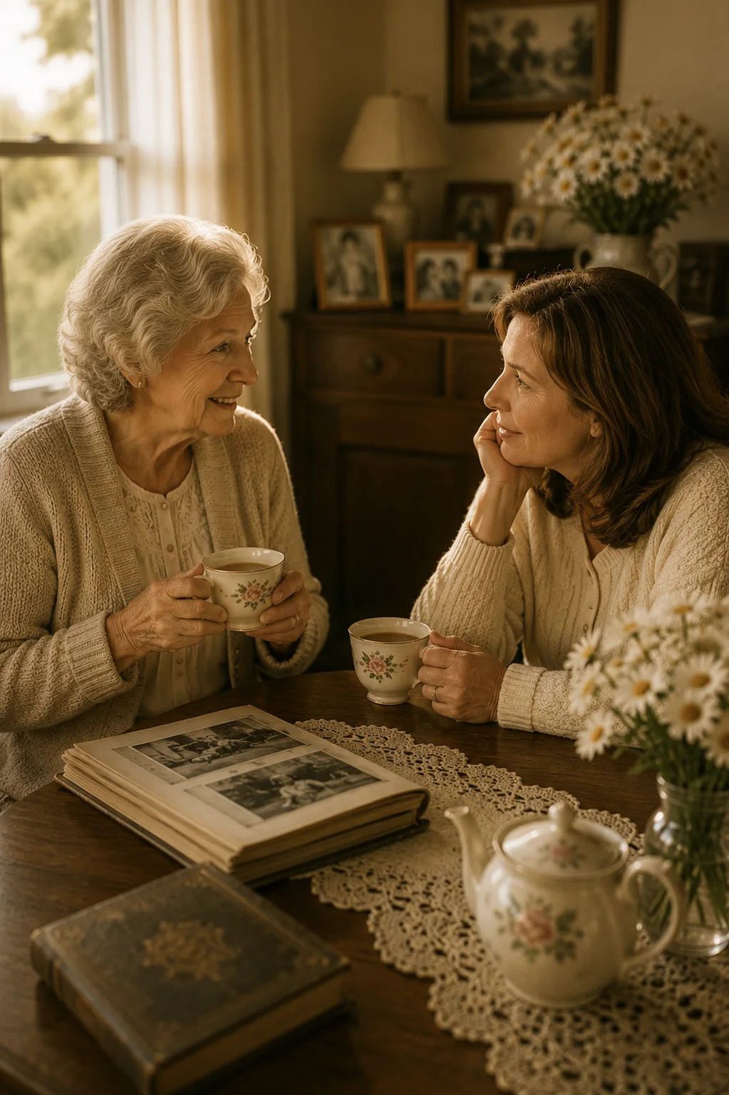 Two generations sharing a quiet conversation over tea