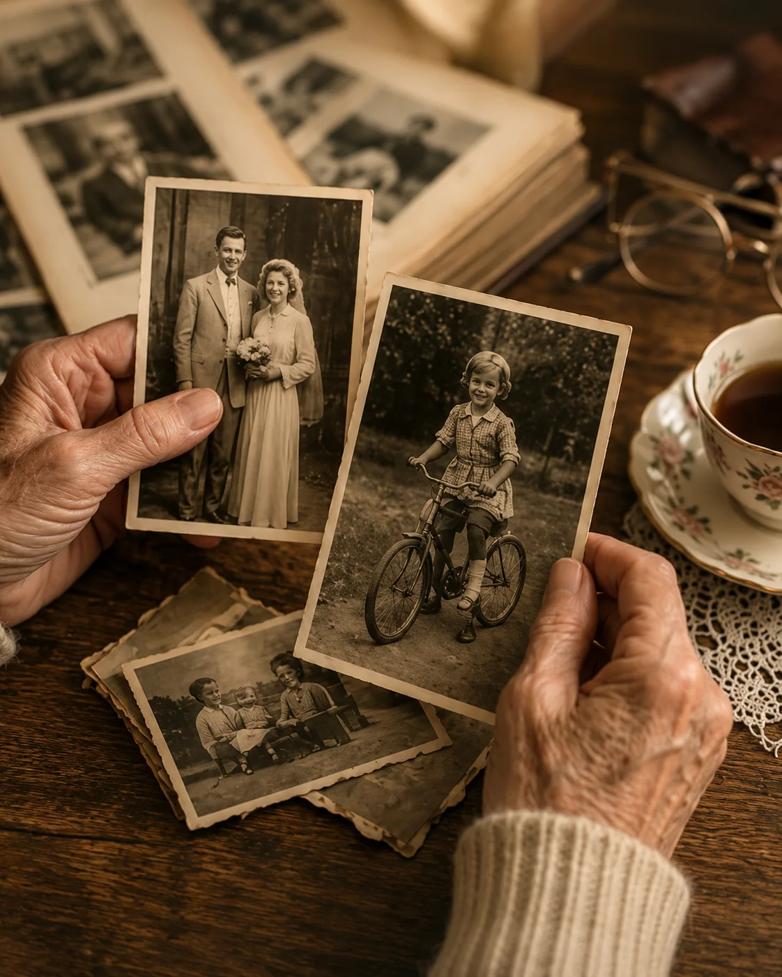 Older hands holding treasured black-and-white family photographs