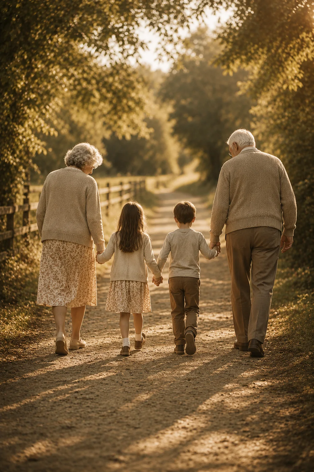 Grandparents and two grandchildren walking away together along a country path