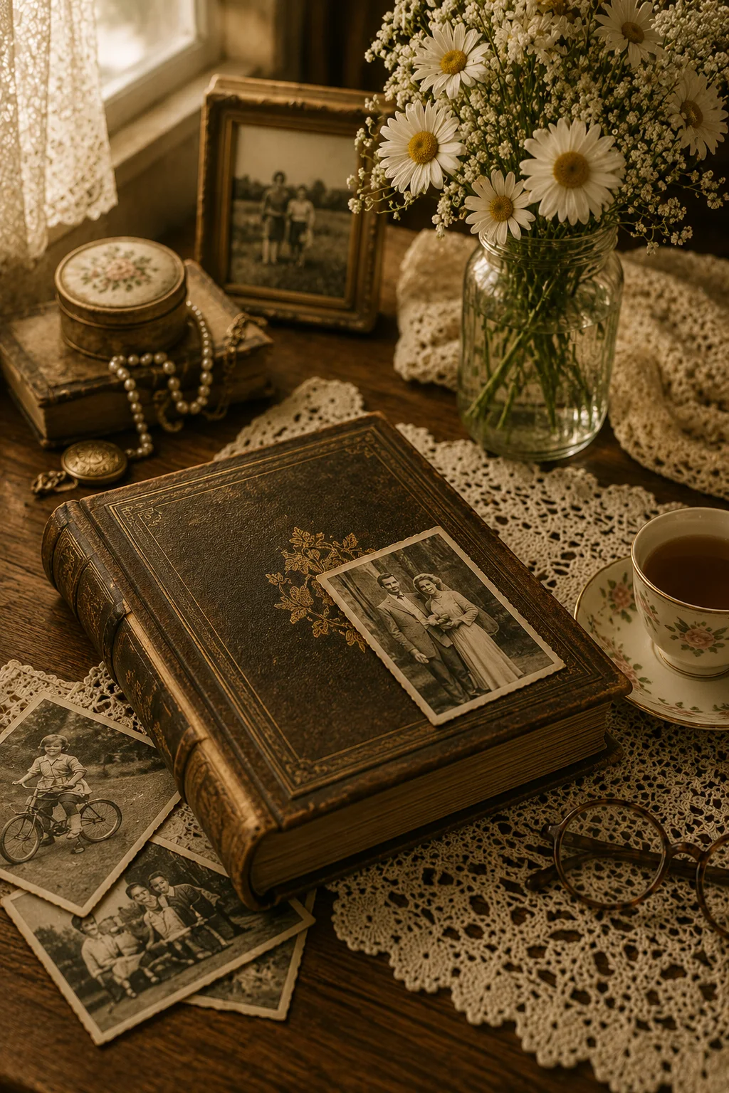 An heirloom photo album, family photographs, daisies, lace, reading glasses and tea