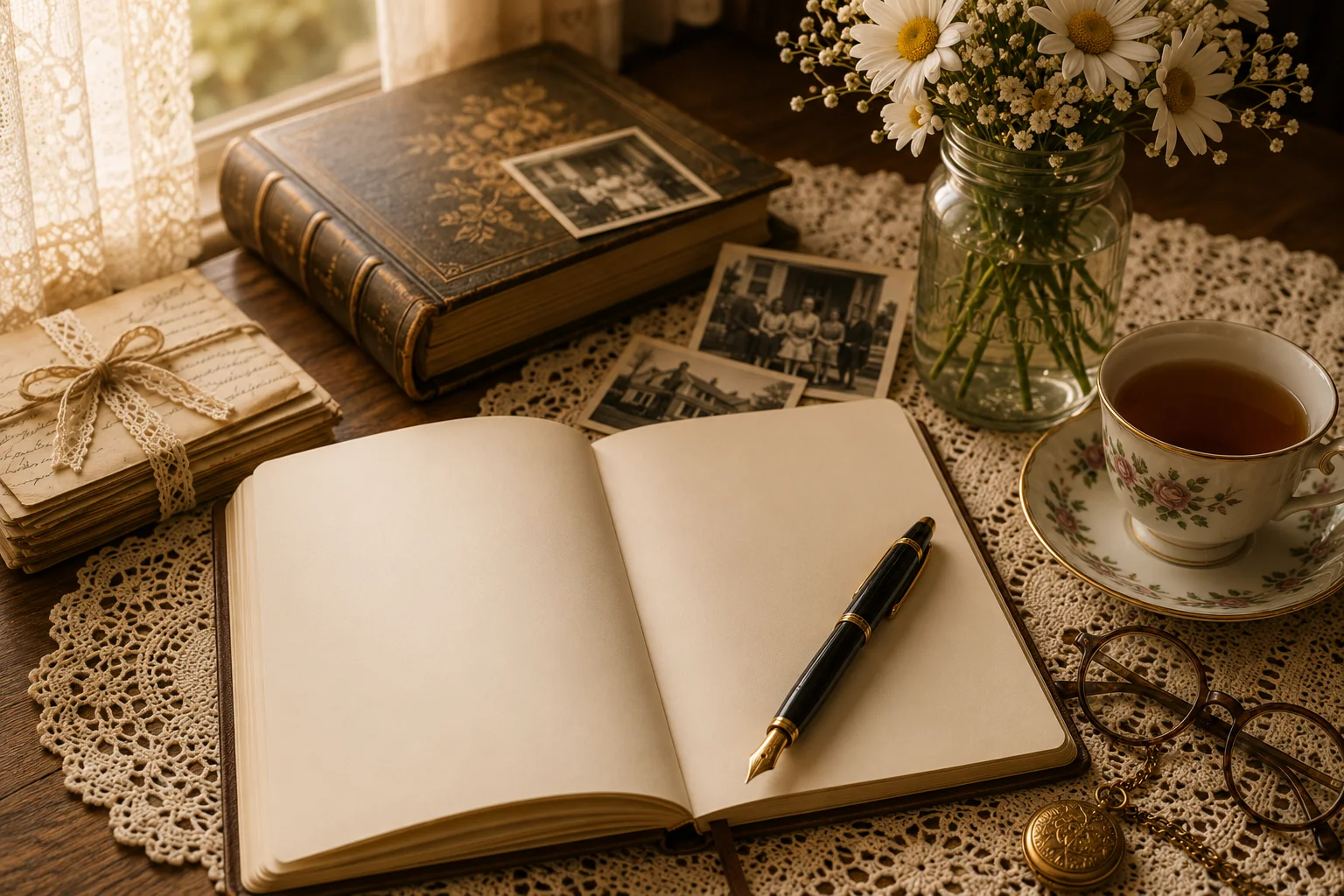 An open blank journal with a fountain pen, family photographs, letters, tea and daisies