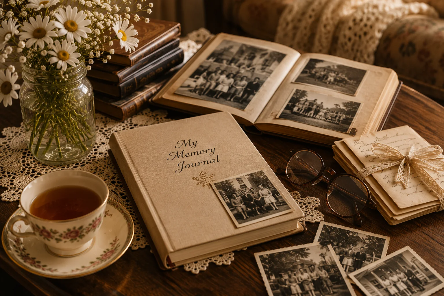 A memory journal surrounded by family albums, photographs, letters and keepsakes