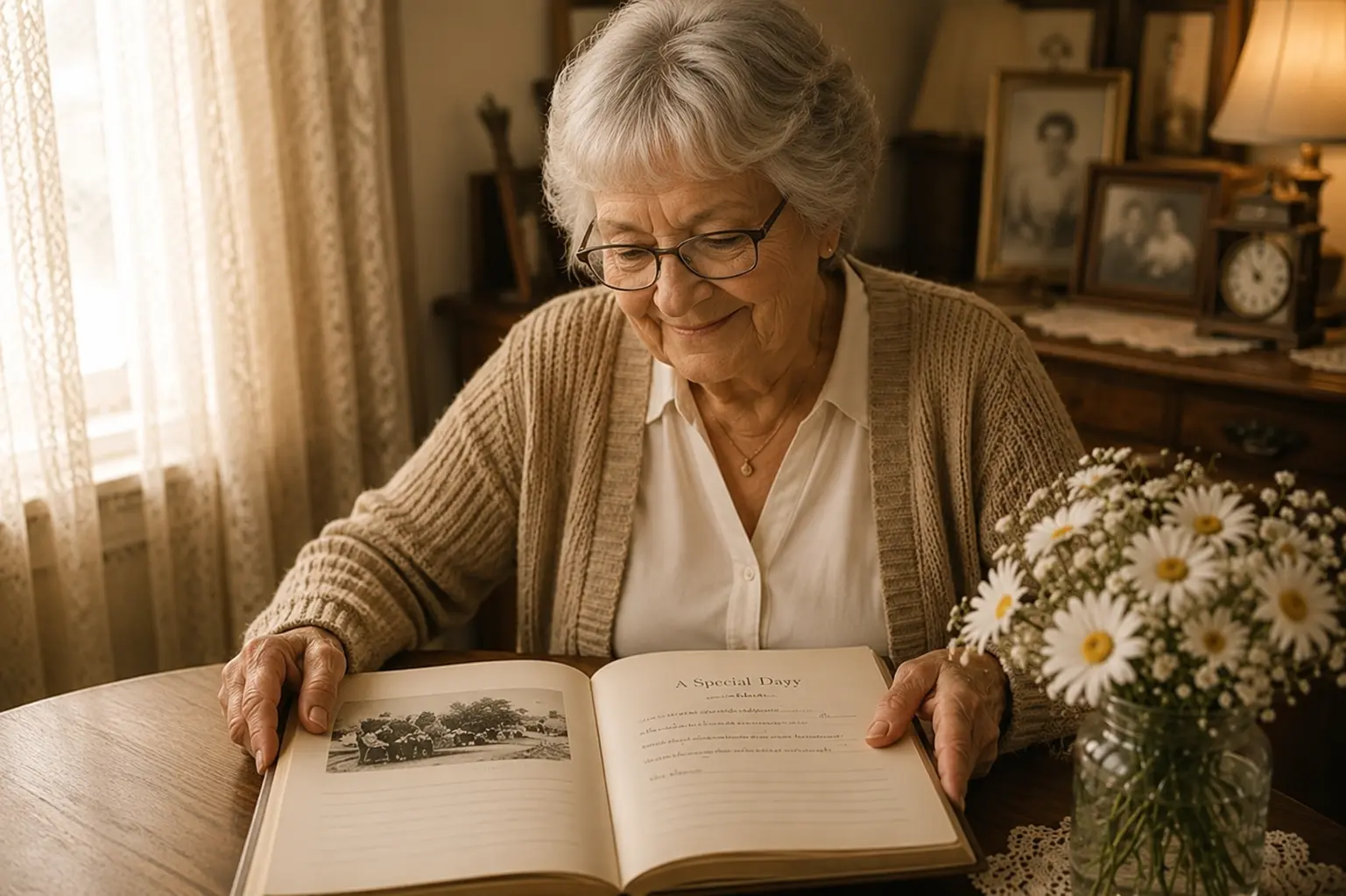 An older couple preserving their school-day memories together in a guided journal
