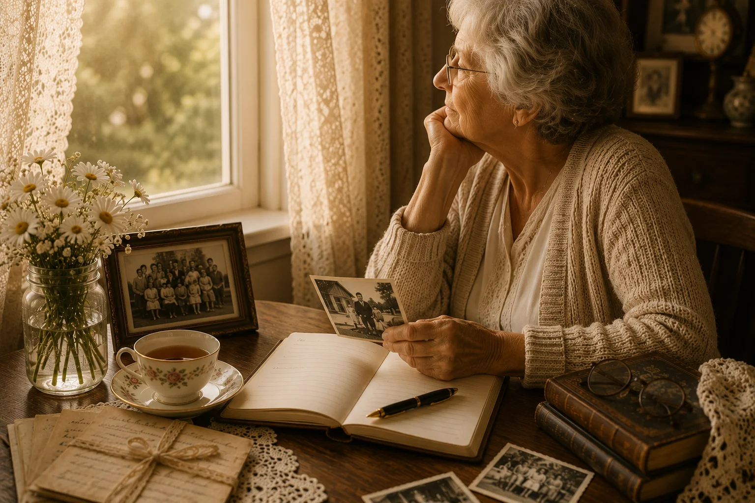 An older woman pausing with a photograph while writing memories beside a sunlit window
