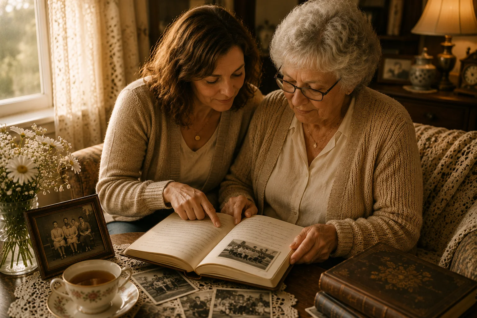 An adult daughter and her mother reading preserved family memories together