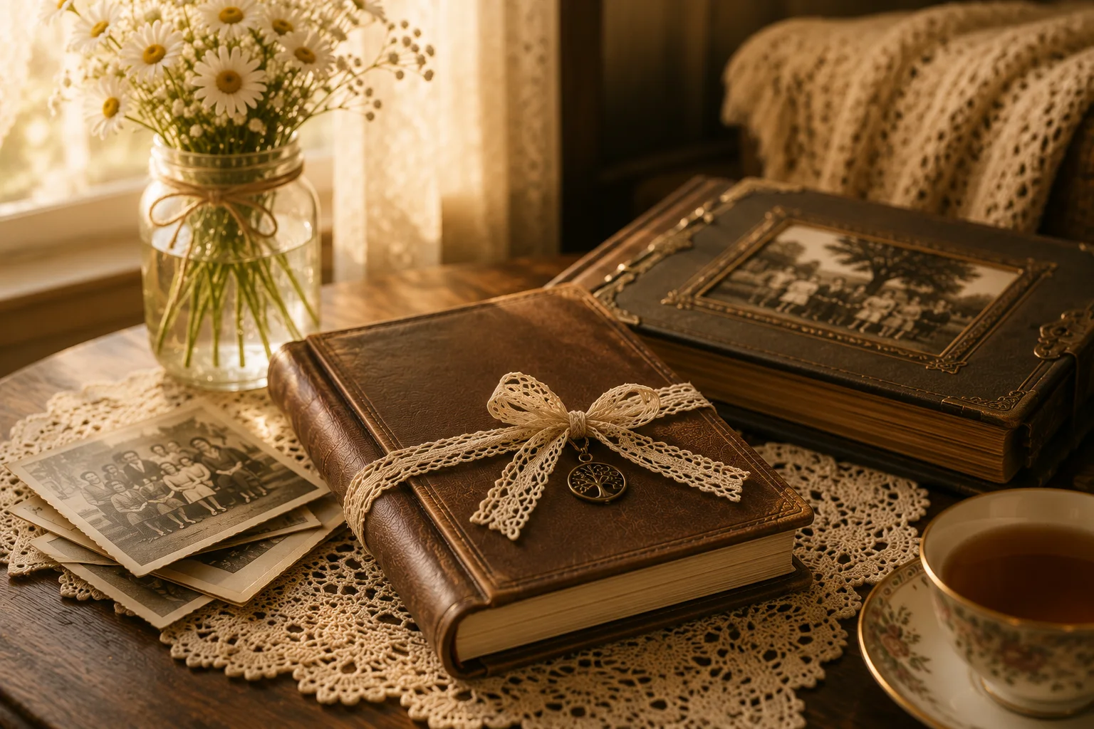 A closed journal tied with lace beside an heirloom album and family photographs