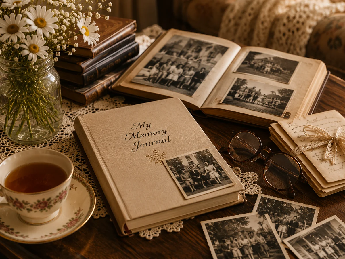 A memory journal arranged with family photographs, letters, tea and daisies