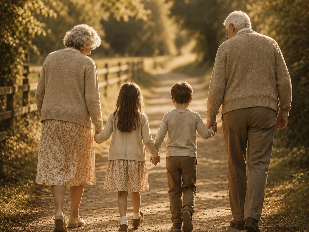 Grandparents and grandchildren walking together in golden evening light
